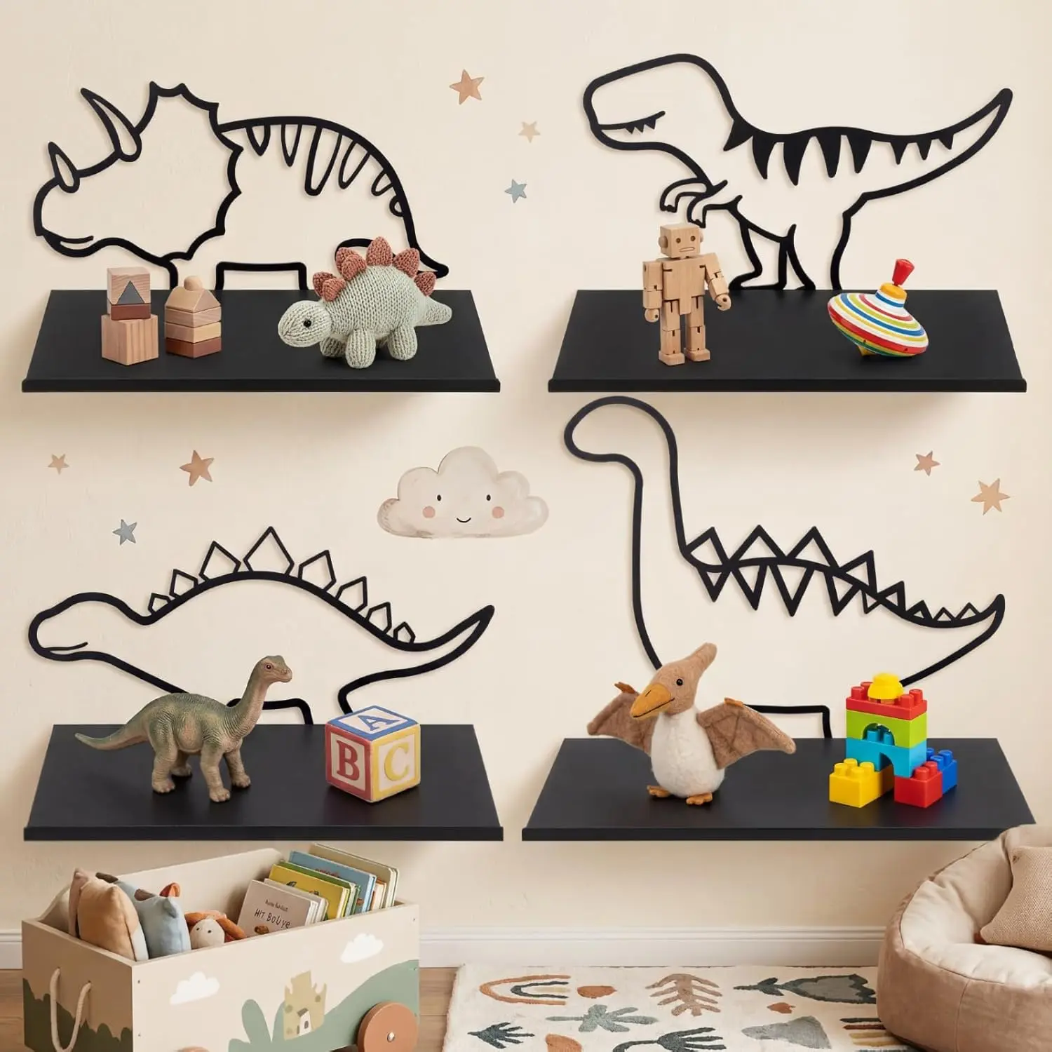 Sieral 4 Pcs Dinosaur Wall Shelf Metal Dinosaur Decorative Bookshelf Small Dino Nursery Decor Hanging Dino Shelf with Pegs for Bedroom Living Room Bathroom Decor