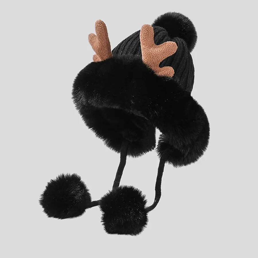 Trendy Cute Ears Plush Winter Festive Christmas Antler Knitted Hats for Women, Beanies Deer Style Pompom Knit Bonnet Fluffy Cap, Soft and Warm Fit Outfits