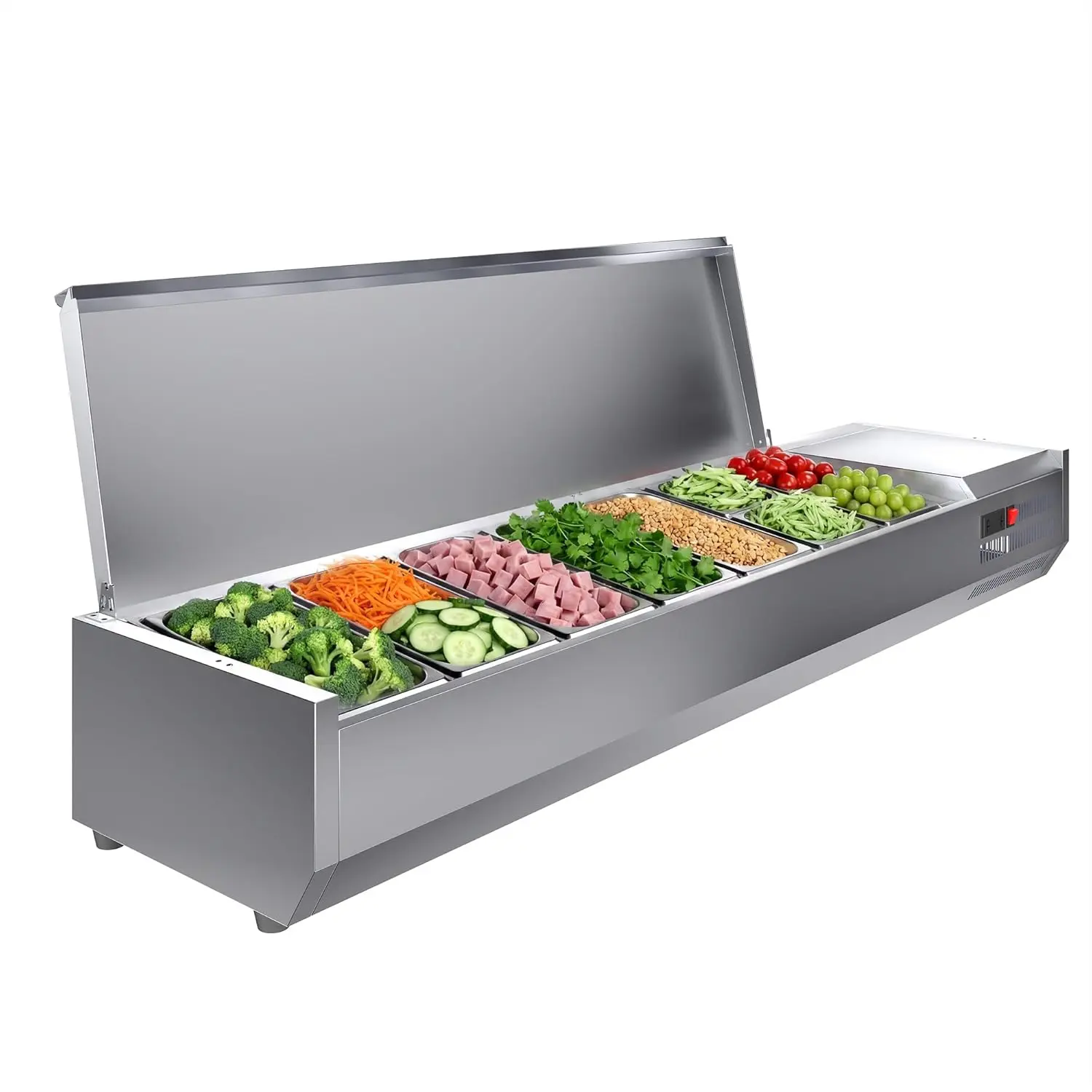 Stainless Steel Kitchen Cooling Cold Topping Prep Station Countertop Refrigerated Table - 130W Unit with Digital Temp, Flexible Cover, Multi-Size Ingredient Containers