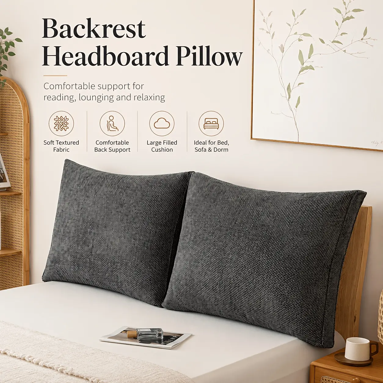 1‑Piece Solid Rectangular Wedge Headboard Pillow, Soft Lumbar Support Reading Cushion, Large‑Size Backrest Pillow for Bed, Ideal for Bedroom, Sofa and Recliner Home Decor