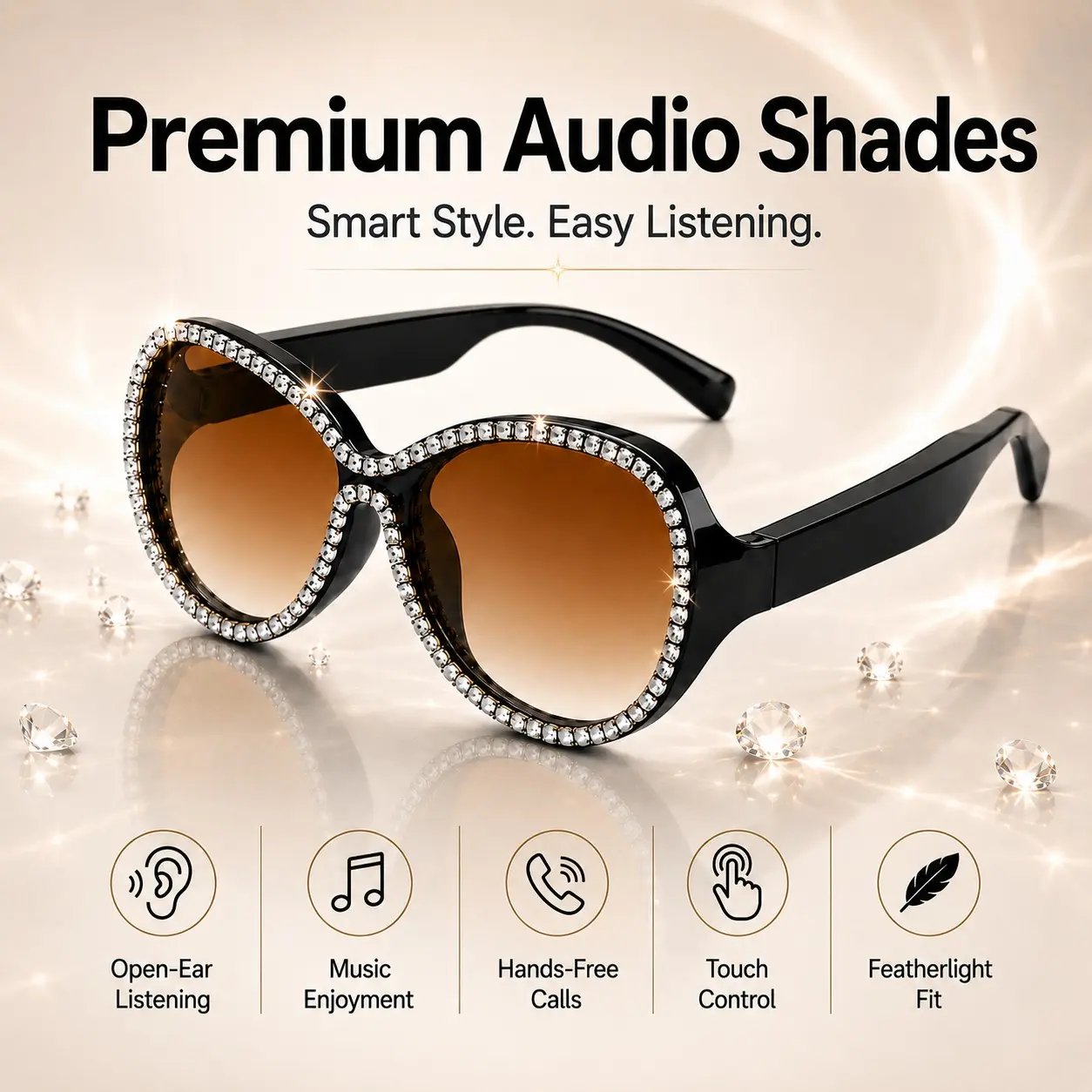 Luxury Bling Smart Sunglasses for Women, Bluetooth Audio Glasses with Rhinestone Decor, Open-Ear Music, Touch Control, Built in Mic & Speakers, Rechargeable, UV Protection, Women Gift,Girl Gift
