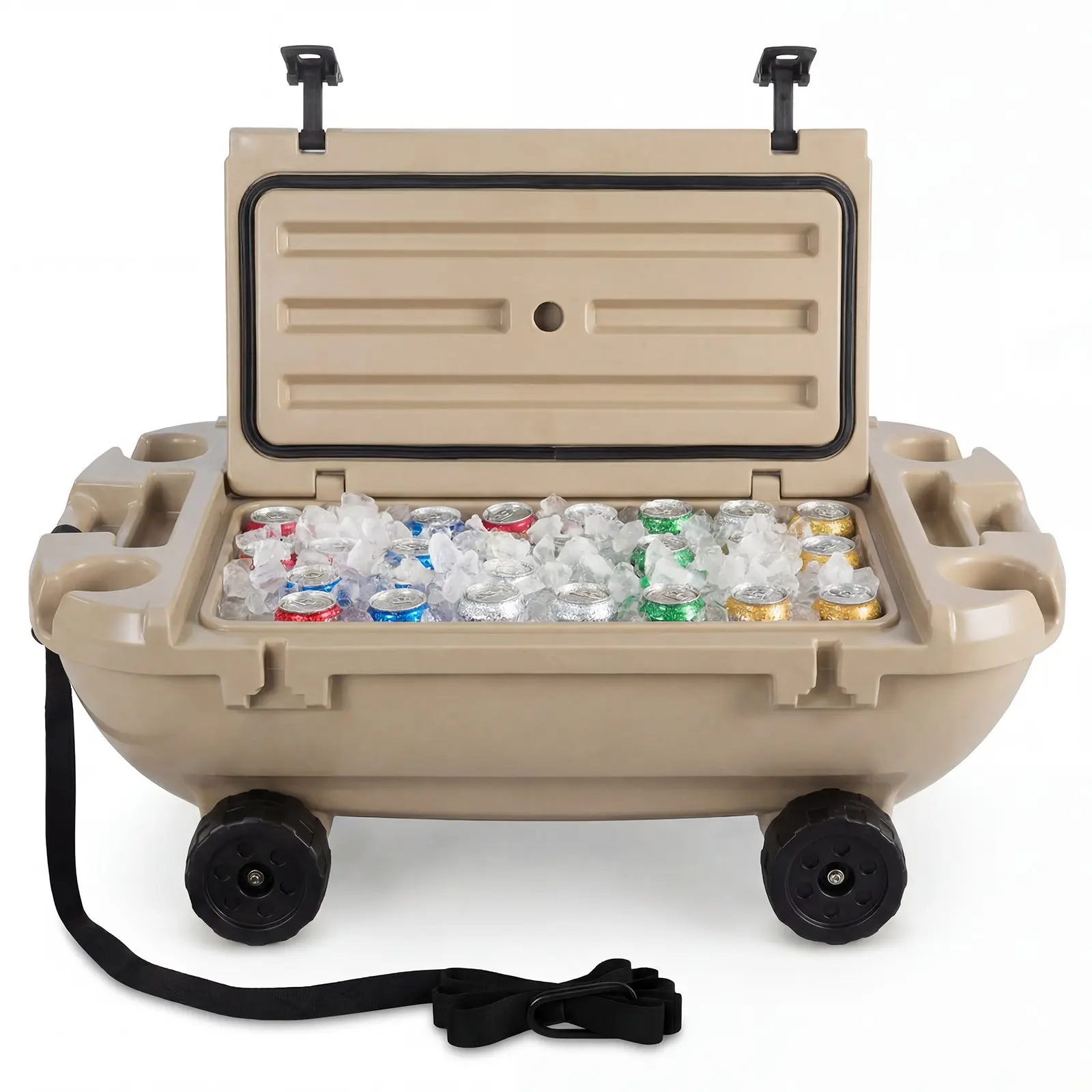VEVOR Boat-Shaped Floating Cooler, 40 QT Foam Insulated LLDPE Plastic Ice Chest with Dry Storage, Wheels & Rope, Amphibious Drink Cooler for Lake, Pool, Beach, Apricot