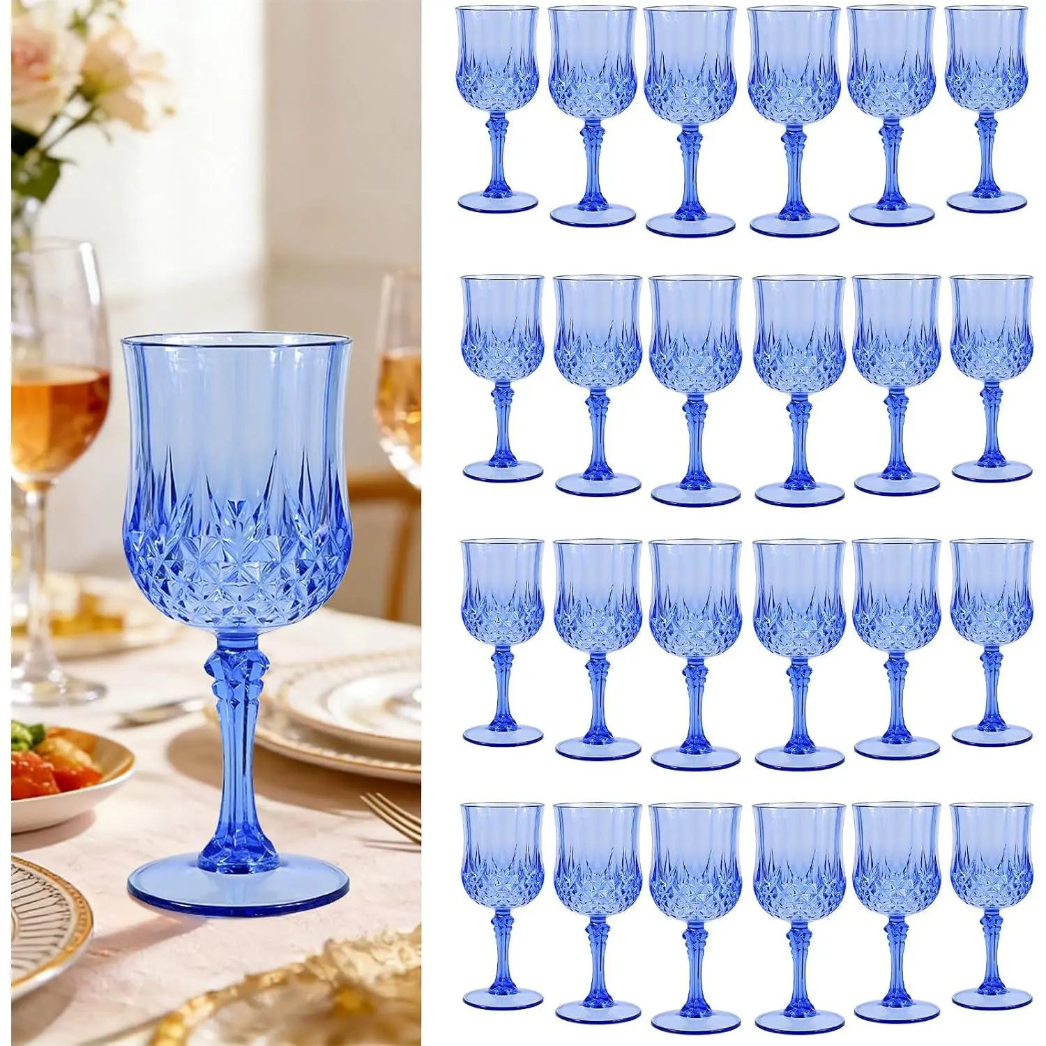24 count Blue Plastic  Glasses   Glass for Parties  Plastic Goblets Drinking Glasses  Drinkware for Wedding, Valentine’s Day, Parties, Grand Event