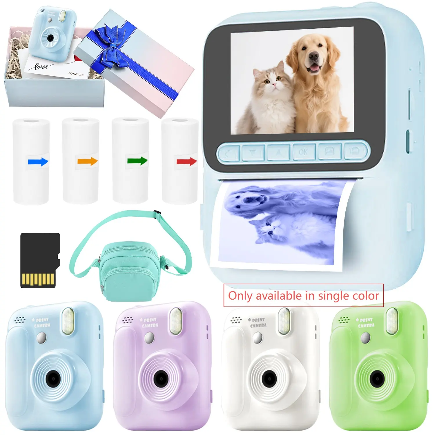 Instant Print Camera, 1080P Webcam, 4800mp Ultra Clear Photos, Portable, Supports 1080P Video Recording, Includes 4 Rolls of Color Paper, Charging