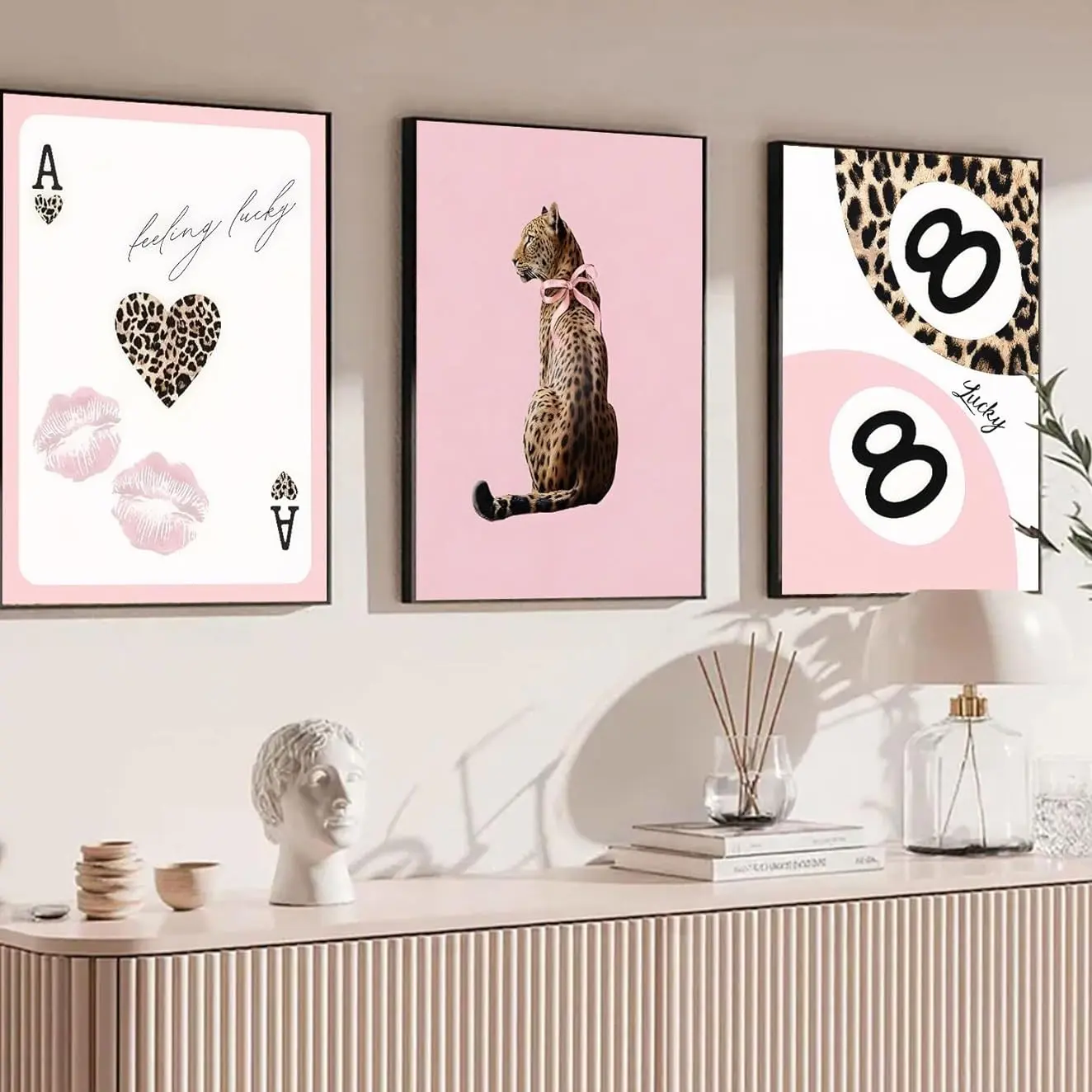 3pcs/set  Frameless Fashion Leopard & Cheetah Canvas Print Pink Girl Lucky 8 Ball Wall Art Poster for Modern Cool Design Living Room Home Decor Gifts