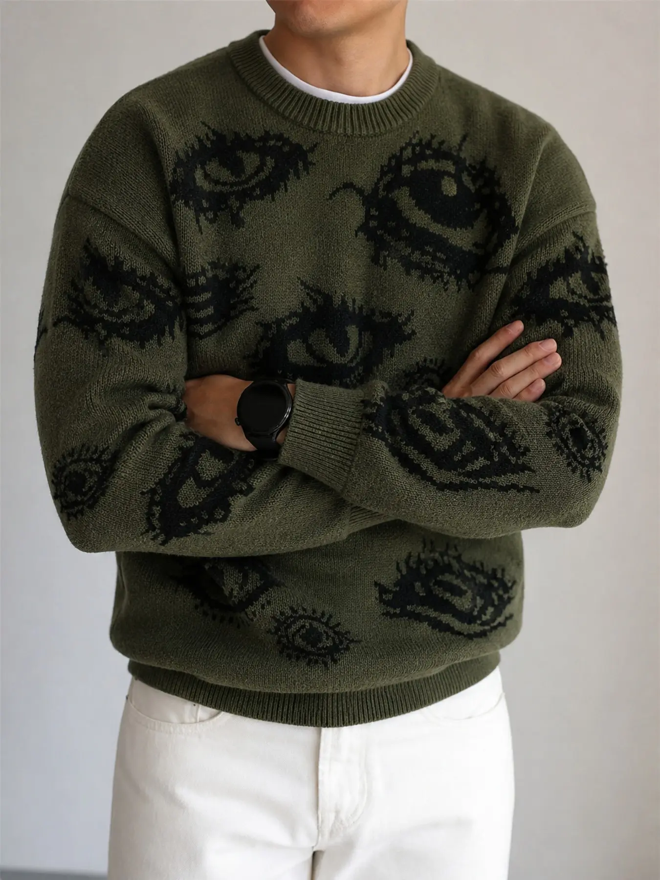 Men's Olive Green Evil Eye Knitted Sweater | Oversized Crewneck Pullover Streetwear | Y2K Grunge Aesthetic Relaxed Fit Long Sleeve Knitwear for Daily Outfits