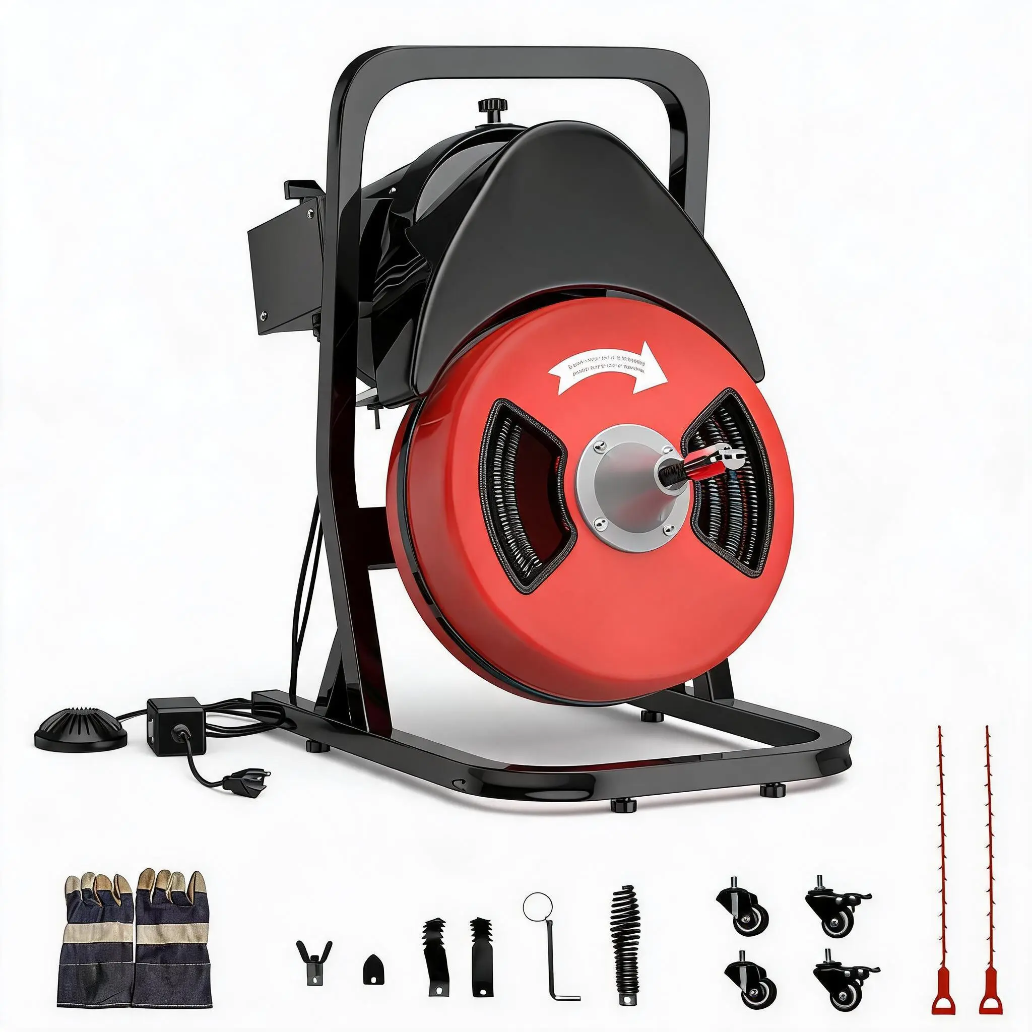 50FT x 1/2" Heavy Duty Drain Cleaner Machine,Auto Feed Sewer Snake Auger on Wheels, 450w Portable  Drain Cleaning Machine  with 4 Cutter  &  Air-Activated Foot Switch for 2" to 4" Pipes