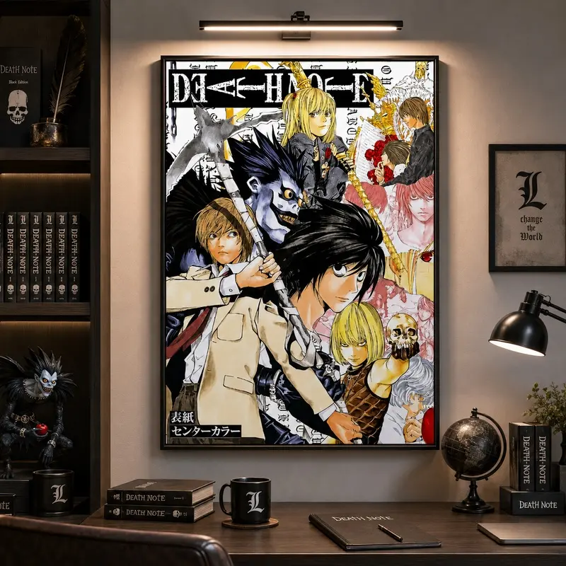 Psychological Detective Anime Canvas Painting with Border, Removable Bold Graphics Manga Collage, Gothic Shinigami Aesthetic Japanese Art Print for Otaku Bedroom, Gaming Room Home Decor Creative Gift