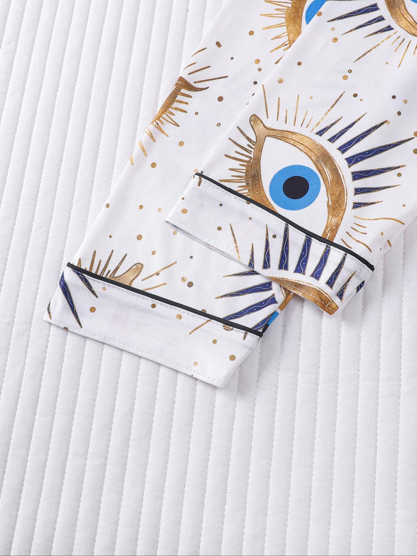 Women's Random Print Pajama Set Loungewear, Casual Comfy Long Sleeve Button Up Top & Elastic Waist Pants PJ Set, Ladies Sleepwear for All Seasons