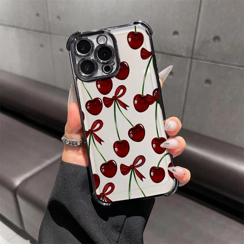 Cherry leopard print bow pattern four-corner shockproof transparent electroplated protective phone case for iPhone 17 Air 16Pro Max 15 14Plus 13 12 11 XS Samsung Galaxy S26 Ultra S25 Plus S24 FE S23,Simple and stylish.HM178