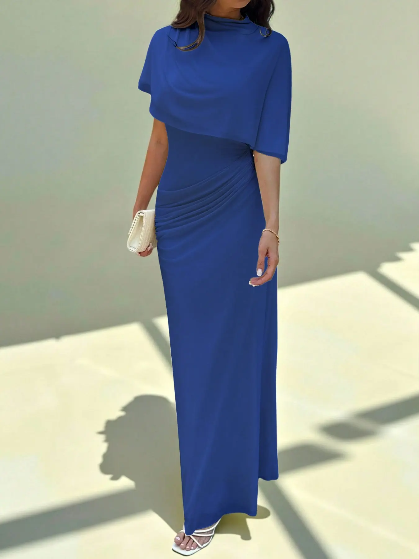 Elegant Slim-Fit Mesh Breathable Dress, Spring & Fall Fashion, Waist Cinch Design, Multi-Layer Pleats, Long Formal Party Dress, Plain Pattern, Unlined, Formal Dress Hides Tummy