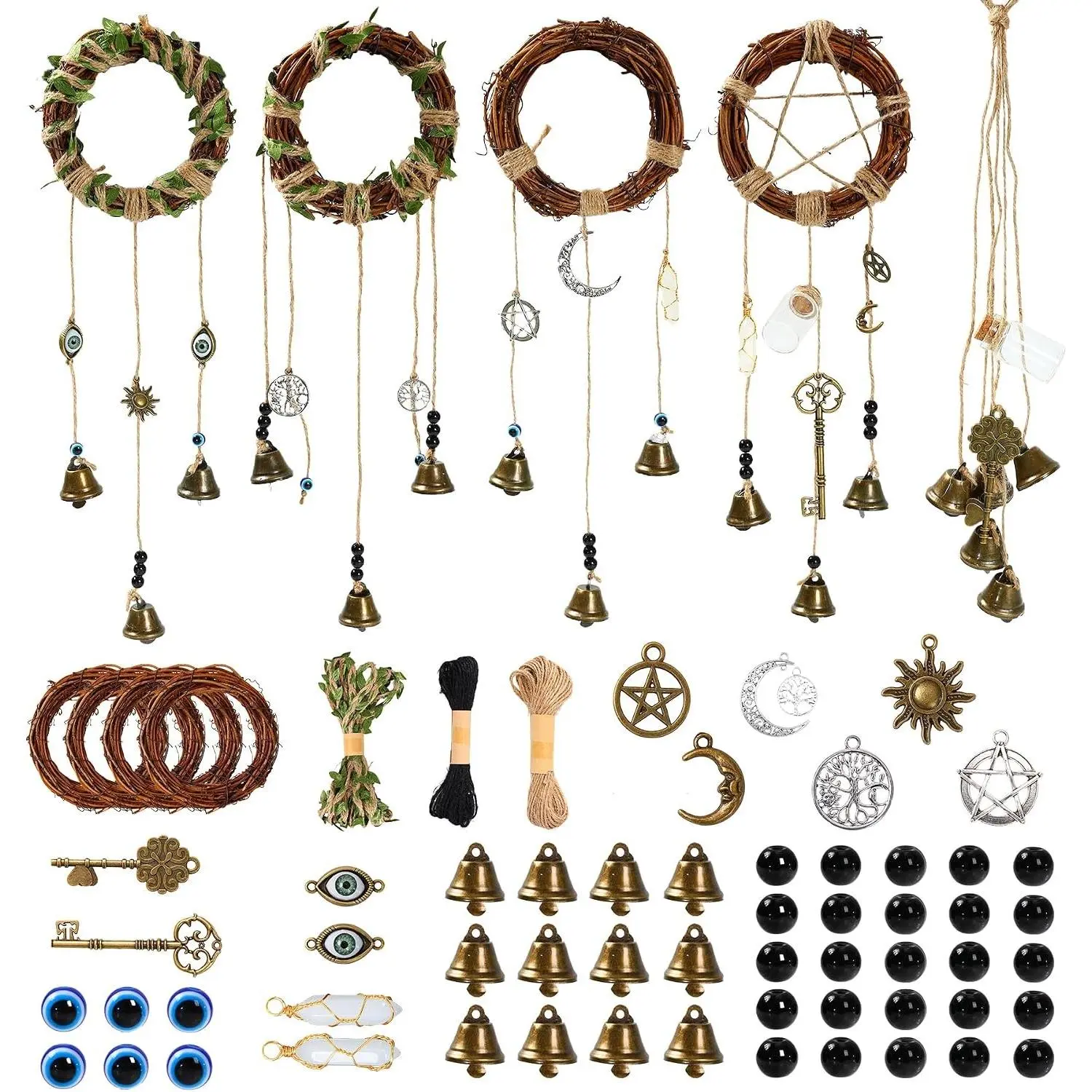 64pcs Witch Bells and Evil Eye for Protection DIY Kit - Witchcraft Supplies,Witches Bells for Door Knob, Windchimes Kit,Evil Eye Door Hanger for Home Bedroom Garden Halloween Decor, Witch Gifts