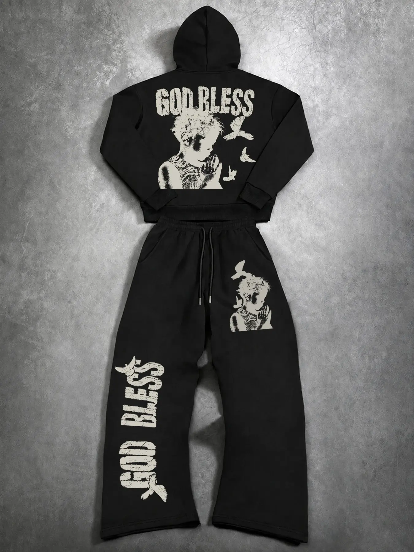 Men's Fall Winter Gothic Style Sweatshirt Set, God Bless Print Hoodie + Drawstring Pants, Casual Comfortable for Outdoor Activities