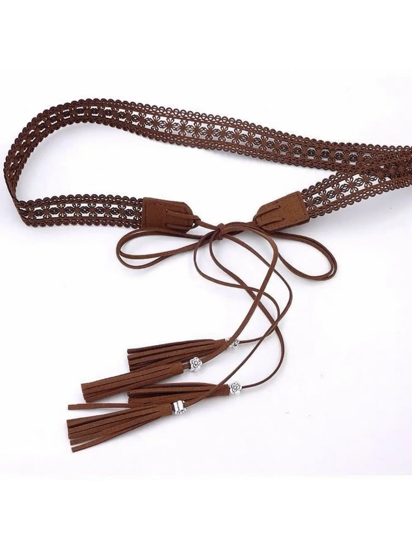 Hand Woven Ethnic Tassel Fringe Waist Belt Hollow Lace Crochet Boho Cinch Belt Vintage Decorative Dress Sash Retro Adjustable Waist Accessory for Women Festival Outfit