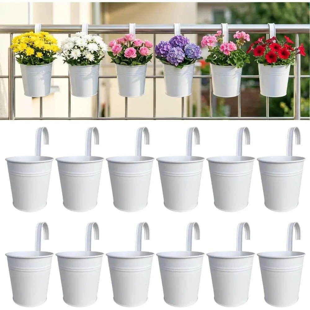 Round Rail Planter (6 in, 12 Pack) White Metal Iron Flower Pots | Patio rail planters for balcony, apartment, porch, deck, over rail, outdoor plants, flower boxes, plant hangers