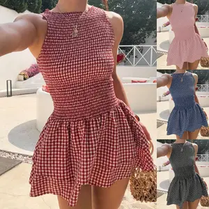 Women's Summer Gingham Smocked Mini Dress, Casual Sleeveless High Waist Flare Skater Dress, Trendy Red Checkered Sundress, Cottagecore Boho Picnic Vacation Outfits, Cute Tiered Ruffle Layered Clothes