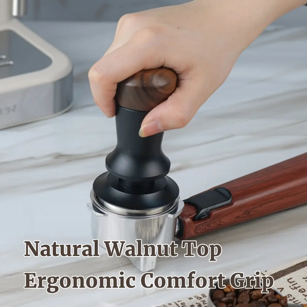Ergonomic Espresso Coffee Tamper with Natural Walnut Wood Grip, Stainless Steel Flat Base Coffee Powder Press for Home Cafe Barista Use