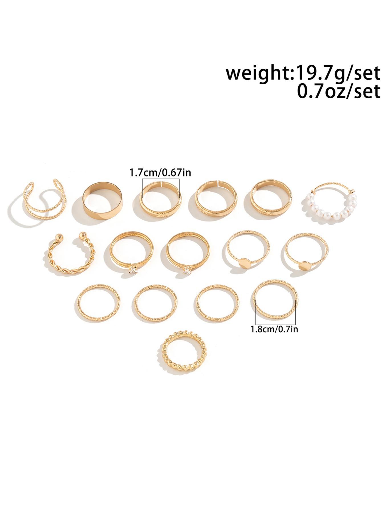 Women's 16pcs Faux Pearls Decor Rings, Rhinestone Embellish Ring Set