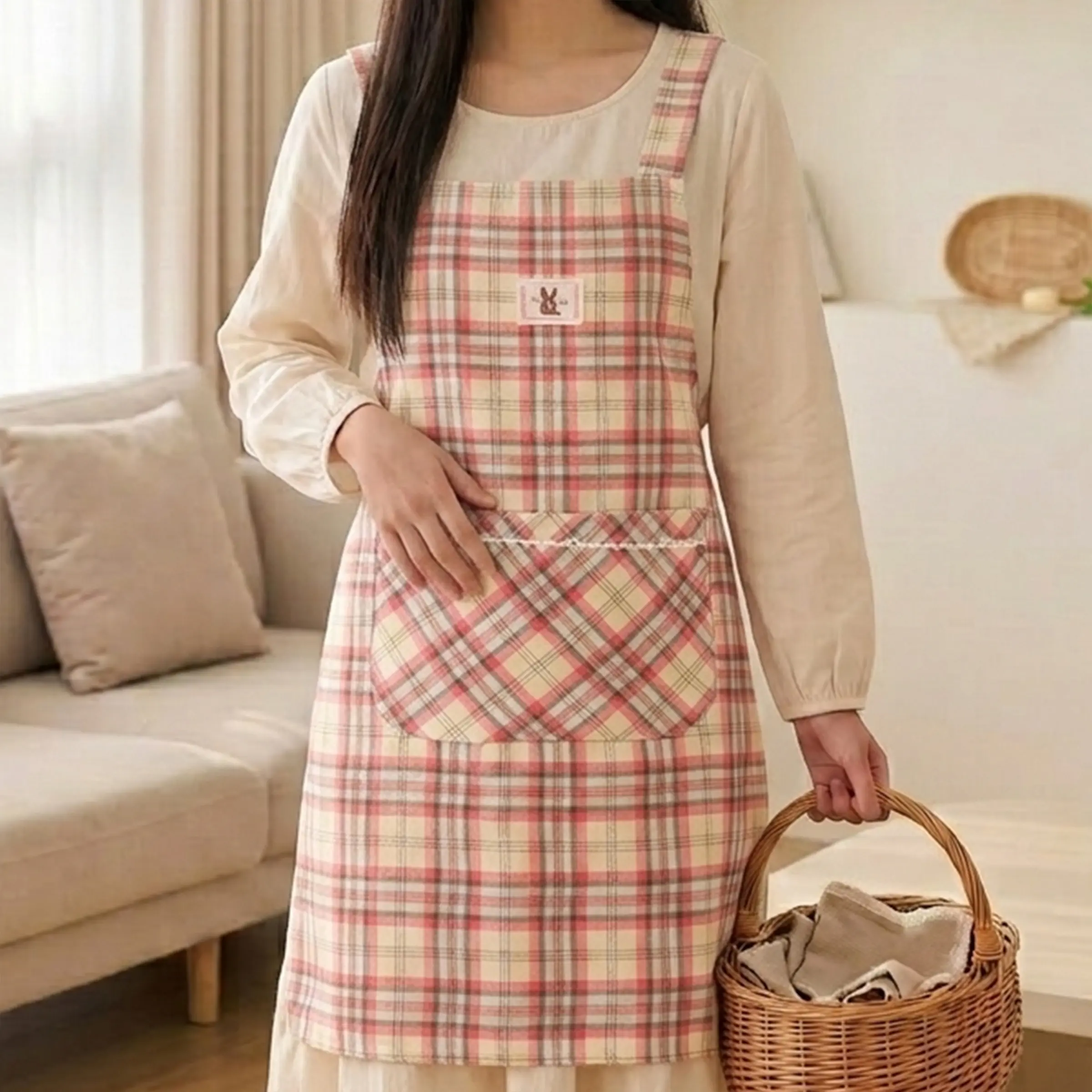1PC New Plaid Strap Apron for Women, Kitchen Cooking Baking Apron, Breathable Shoulder Straps, Loose Fit, All Seasons, Home Use