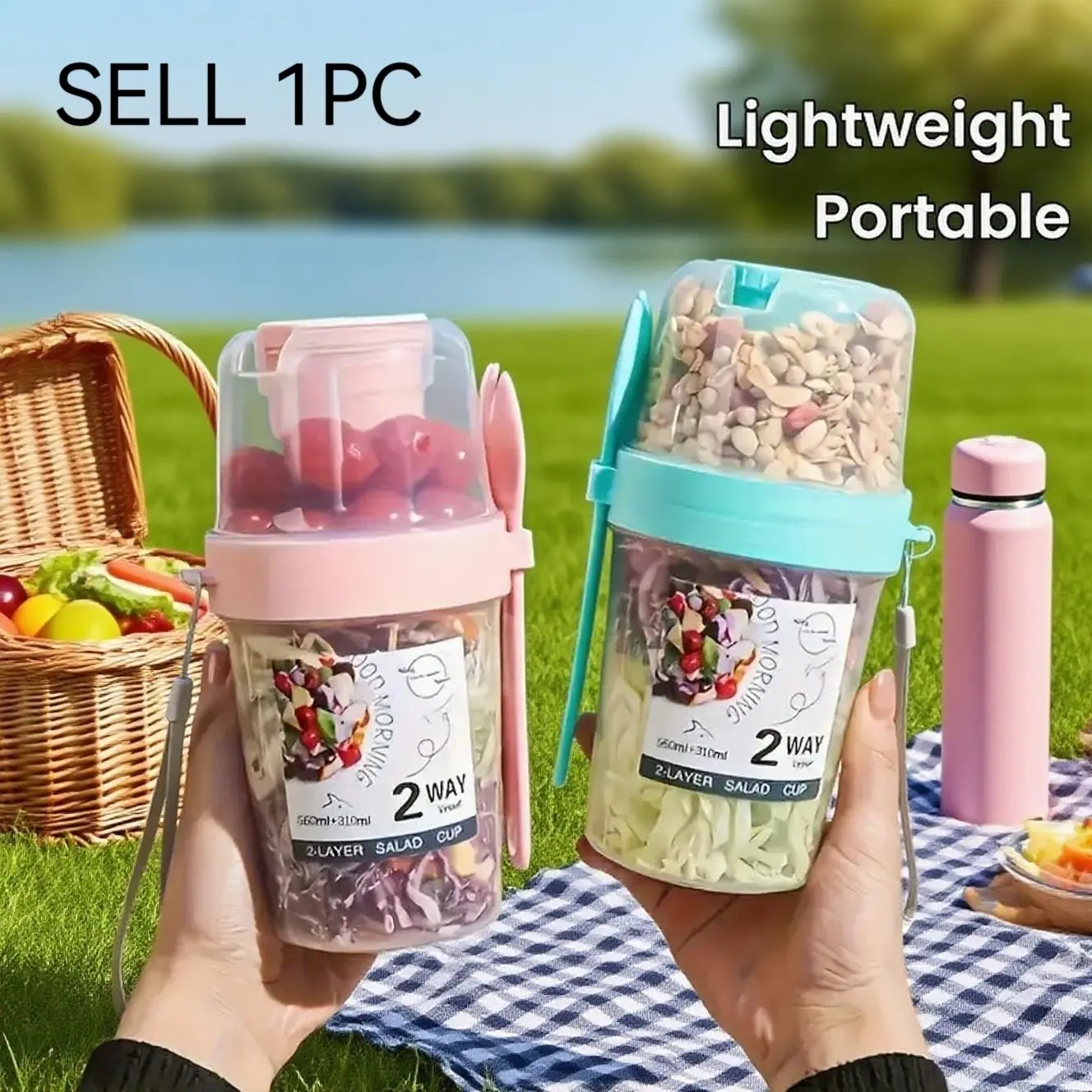 Portable Salad Cup with Fork and Lid, Reusable Food Storage Container, Snack Box, Durable Design, Lightweight, Healthy Diet, Perfect Gift