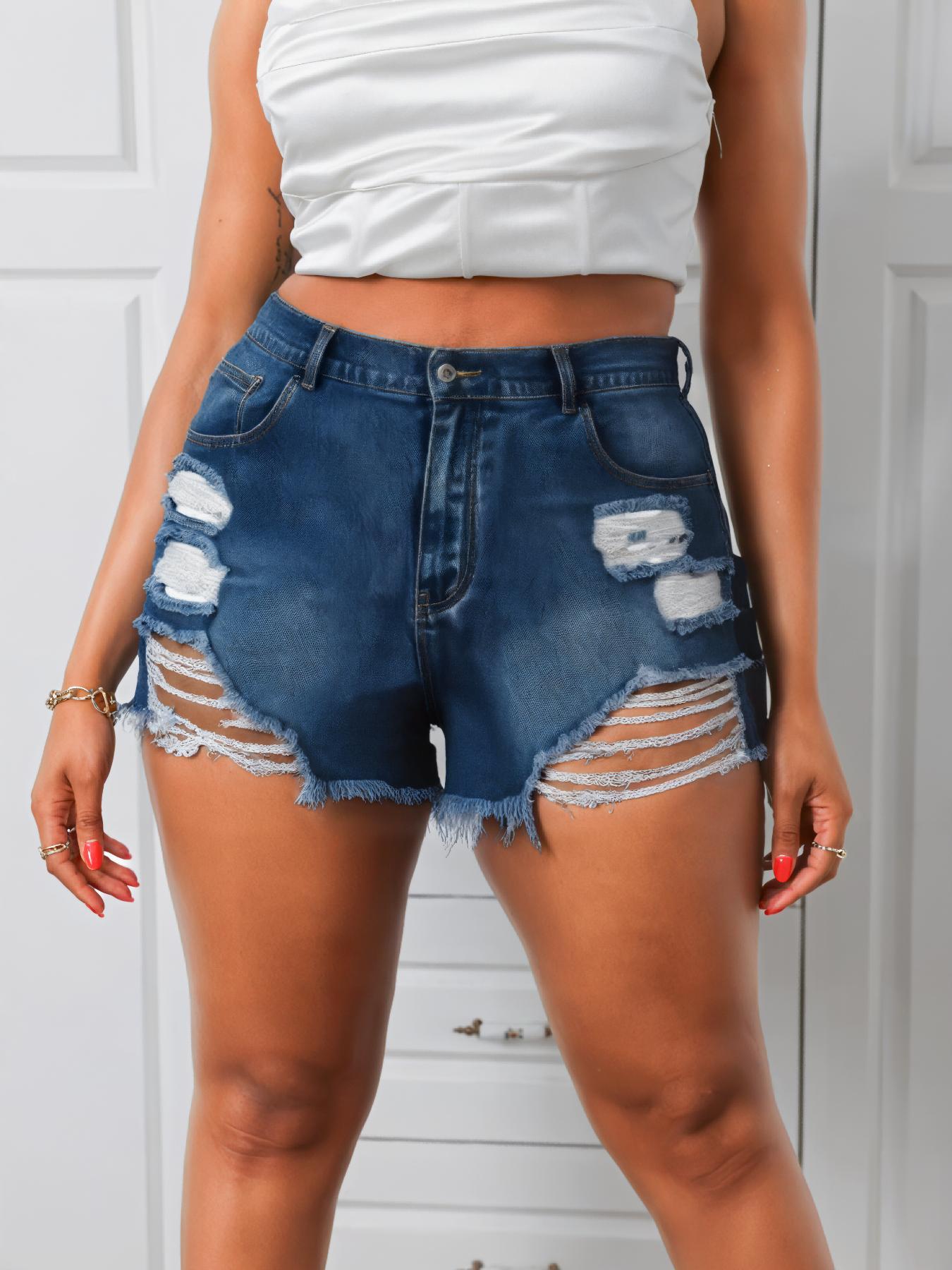 Plus Size Jeans Ripped High Waist Fitted Button Denim Shorts, Fashion Casual Pocket Shorts for Daily Outdoor Wear, Women Plus Size Jeanshort for Summer