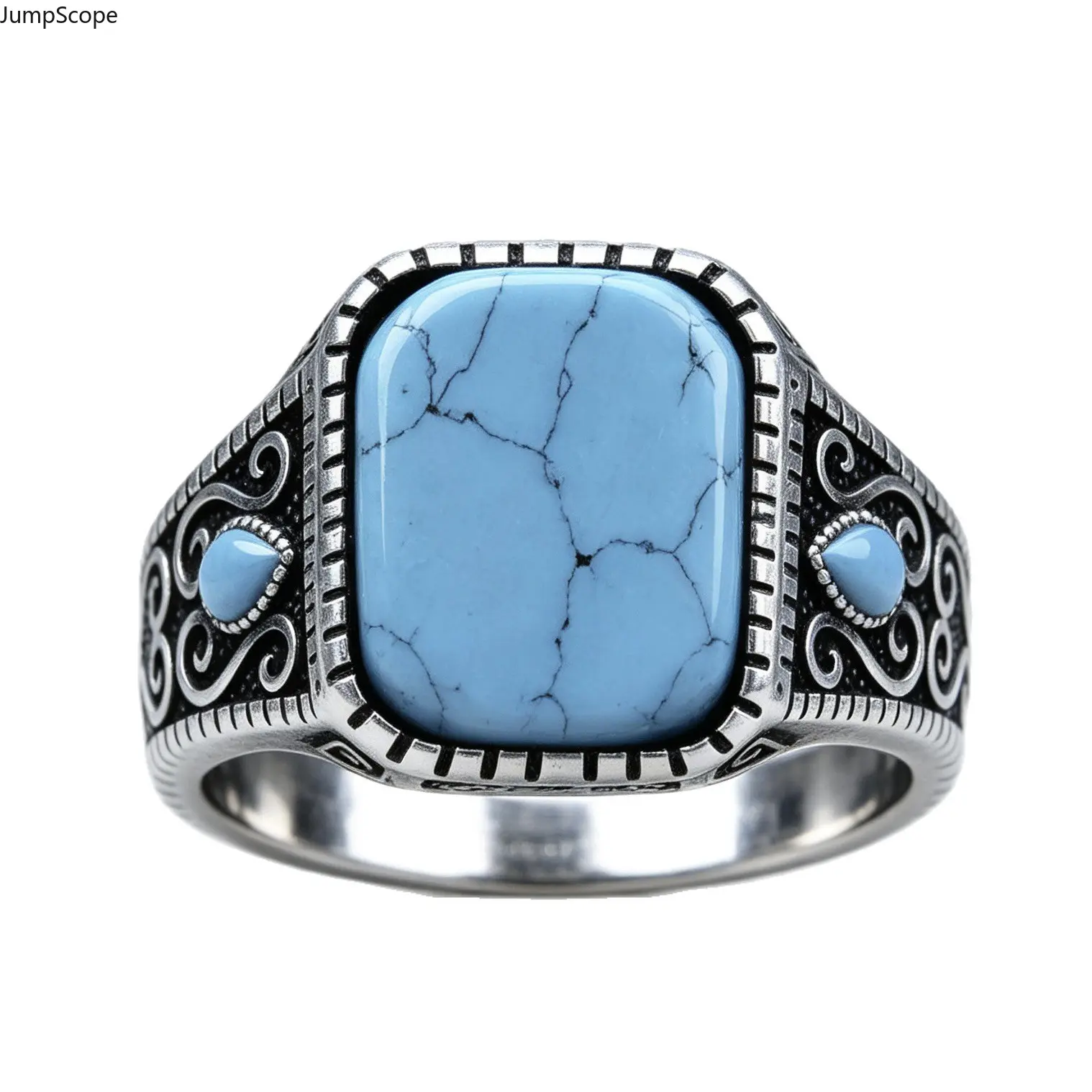 Vintage Oxidized Silver Men Signet Ring, Rectangle Cracked Blue Turquoise Swirl Scroll Carved Wide Southwest Western Cowboy Retro Statement Band For Street Outdoor Daily Masculine Jewelry