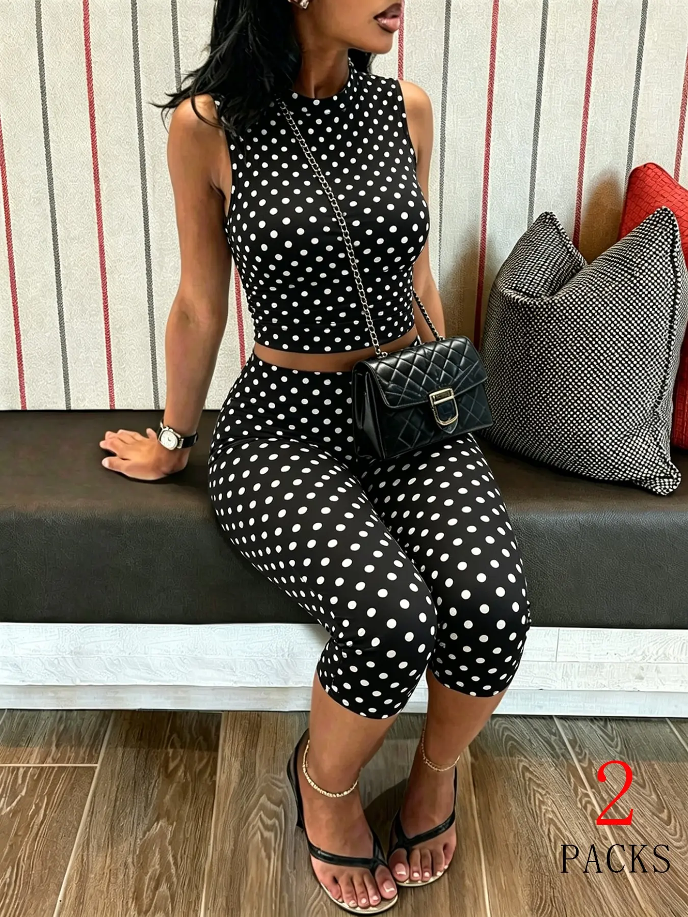 Two Piece Set Women Brown White Polka Dot Outfit Sleeveless High Neck Crop Tank Top Capri Leggings Casual Chic Daily Street Club Lounge Fashion Womenswear Clothes