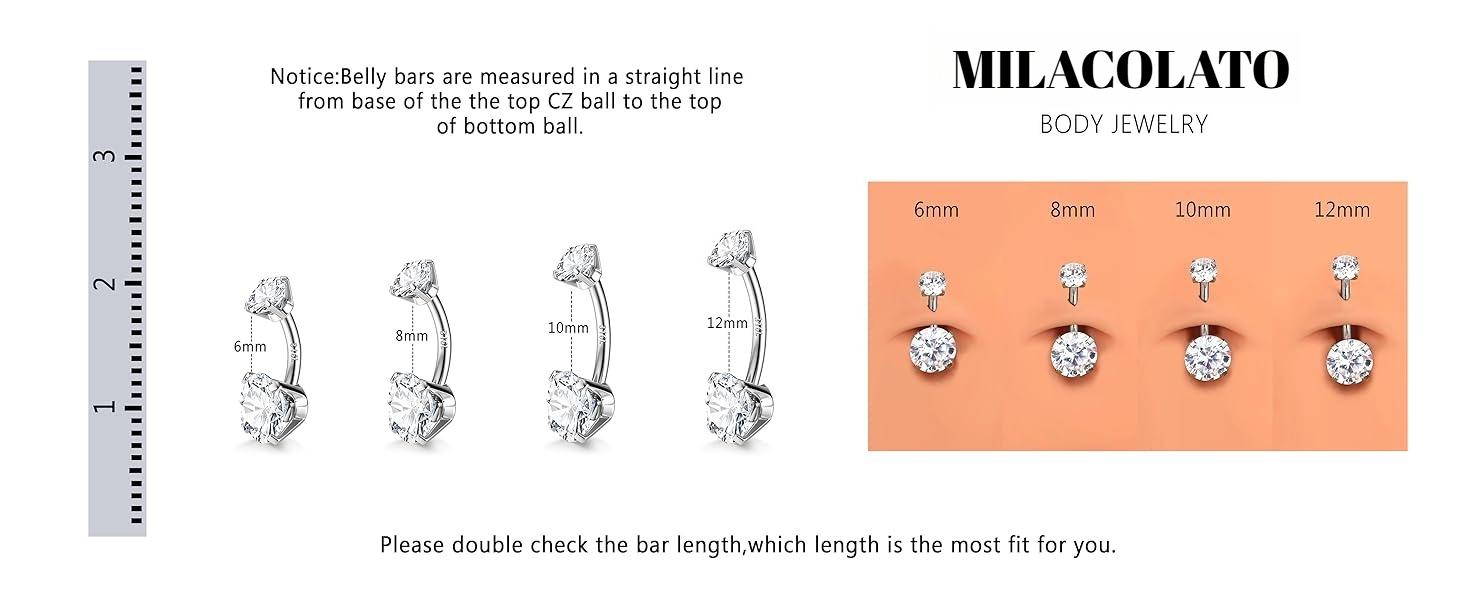 MILACOLATO 14G Gold Belly Button Bars 925 Sterling Silver Belly Bars Surgical Stainless Steel Hypoallergenic 14K Plated Gold Titanium Navel Piercing Jewellery 6/8/10/12mm