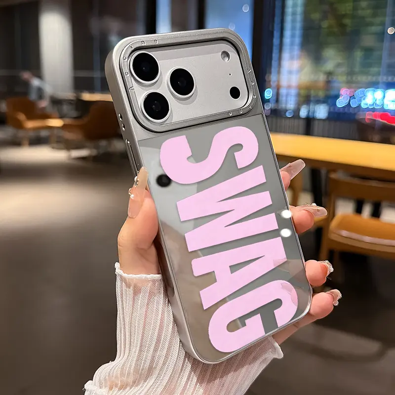 2-in-1 Electroplated Mirror Phone Case for iPhone 17 Air 16 15 14 13 12 Pro Max Plus Pink Swag Text Pattern Glossy Silver Backplate Luxury Look Shockproof and Anti-Drop Bumper
