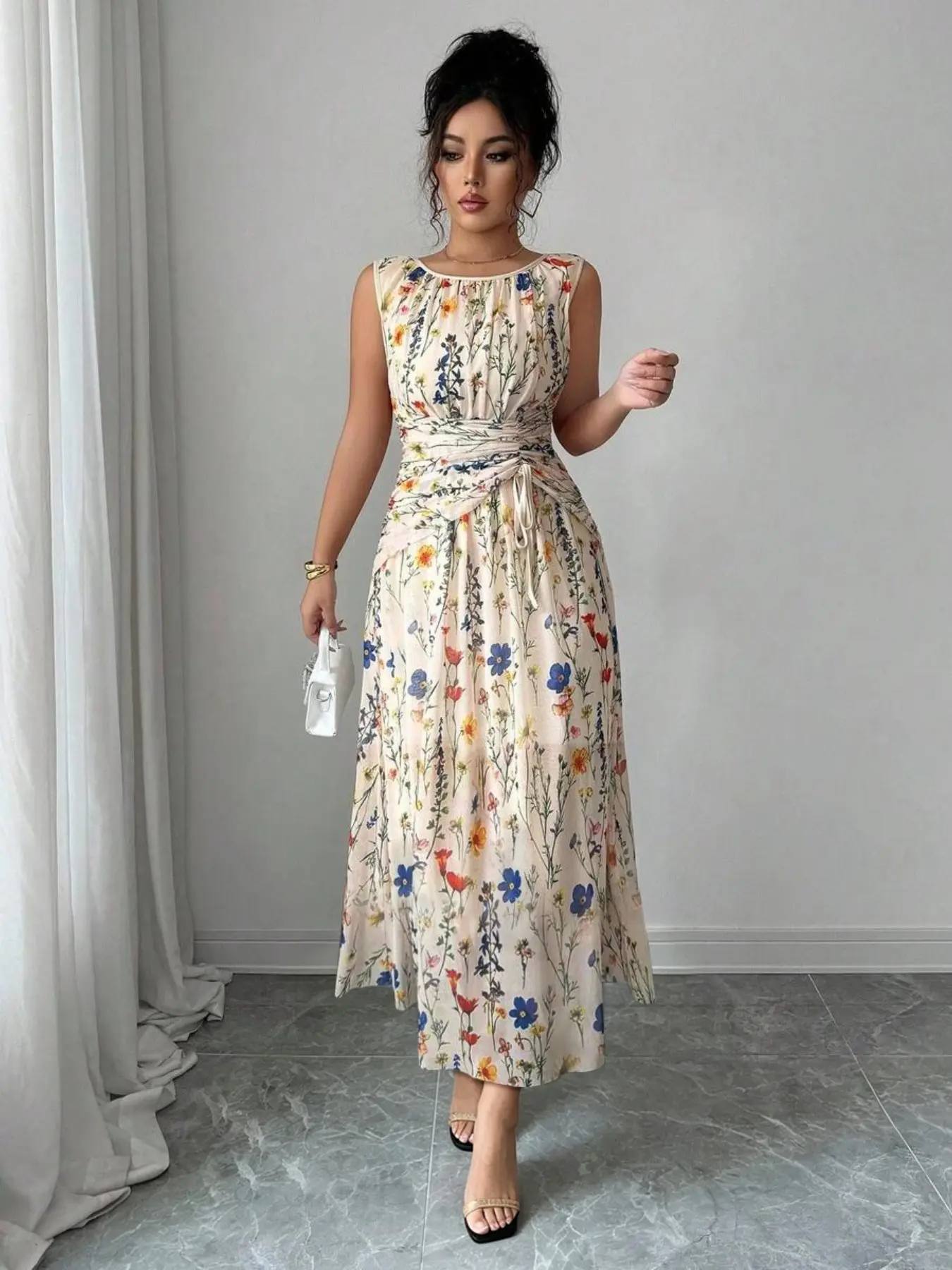 Women's Elegant Floral Print Lightweight Mesh A-Line Dress, Sleeveless Adjustable Drawstring Design Long Party Gown, Comfortable Office Wear, Chic Evening Dress, Versatile Daily Wear