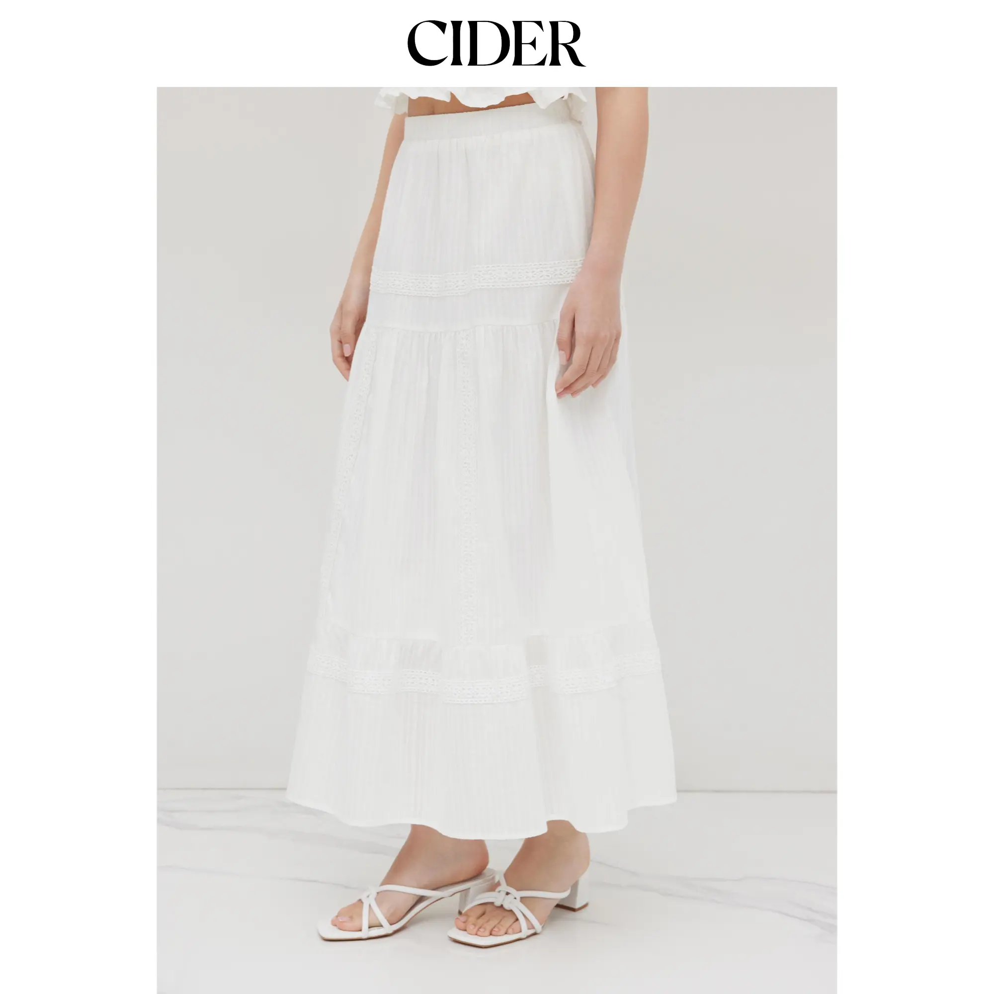 Cider [2 colors, size 0-10] Cotton Mid Rise Embroidery Ruffle Maxi Skirt