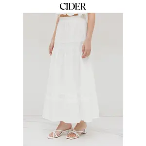 Cider [2 colors, size 0-10] Cotton Mid Rise Embroidery Ruffle Maxi Skirt