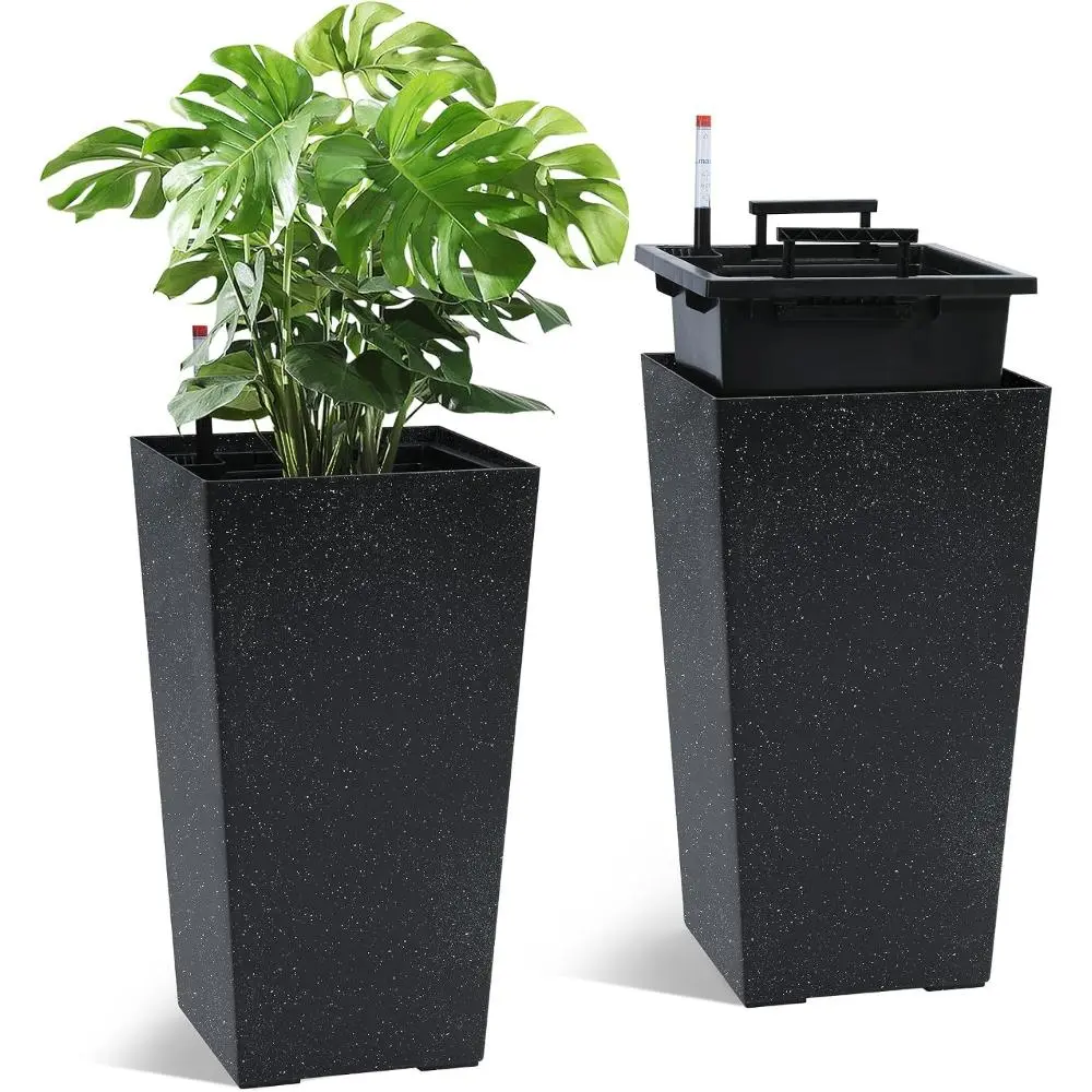 Gaomon 21.6" Tall Rectangular Plastic Planters (Set of 2 Large Modern Dot Design) with Drainage Holes, Water Level Monitor, Wheels, Auto-Watering for Patio, Living Room
