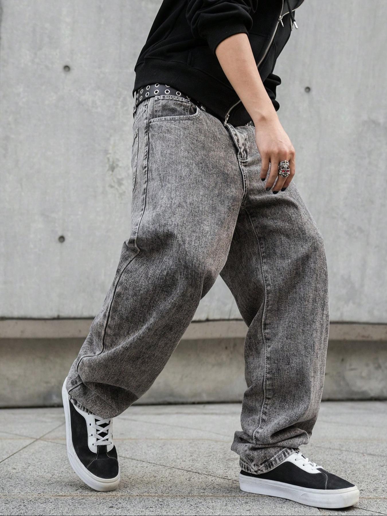 Men's Solid Color Wide Leg Multi Pocket Jeans, Loose Casual Comfy for Daily Wear, Woven Bottoms for All Seasons