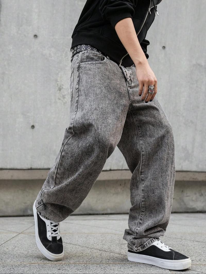 Men's Solid Color Wide Leg Multi Pocket Jeans, Loose Casual Comfy for Daily Wear, Woven Bottoms for All Seasons