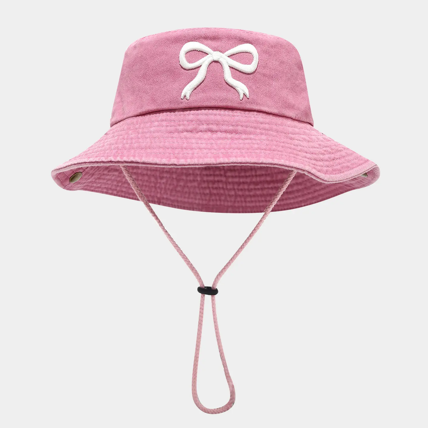 Women's Coquette Aesthetic Washable Bucket Hat, Unisex Bucket Shape Beachwear, Pink Washed Cotton Fisherman Cap with White Ribbon Embroidery, Sun Shade Beach Hat with Drawstring Strap