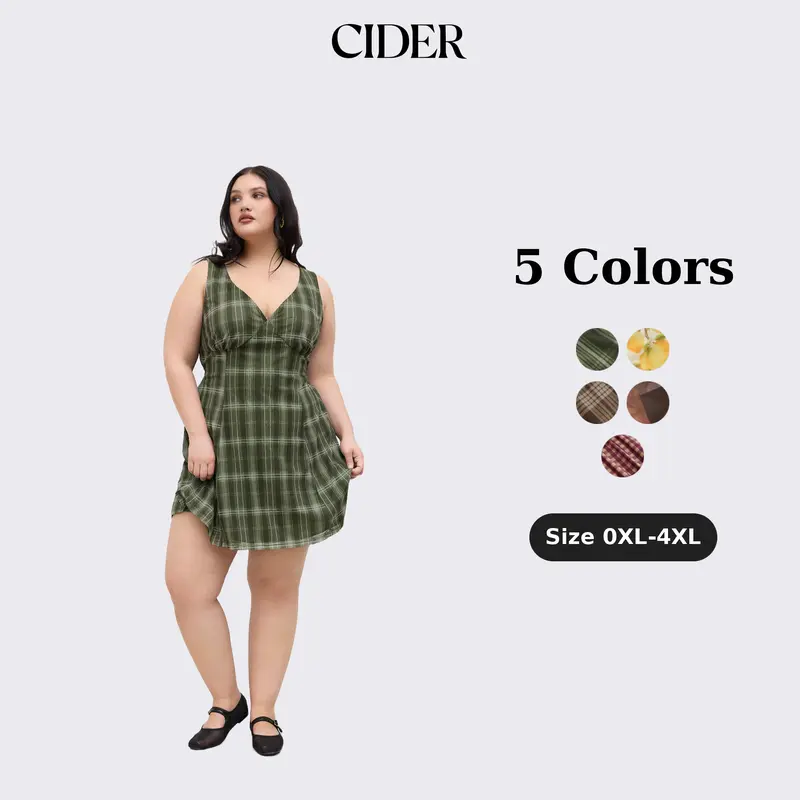 Cider Women's Checkered Charm Plus-Size Casual V-Neck Sleeveless Mini Length Dress - Women's Clothing, Curve-Flattering Summer Above-the-Knee Outfit