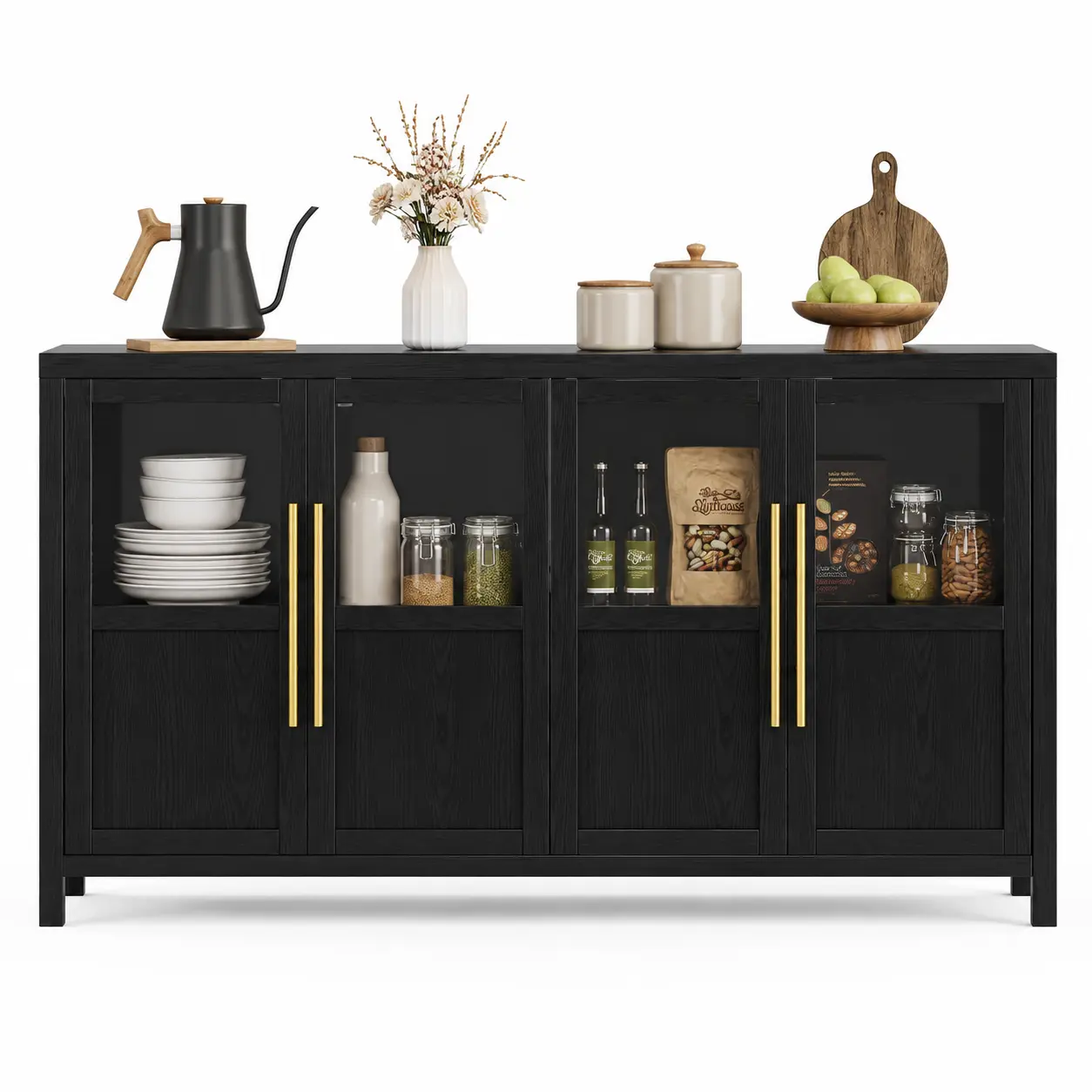 55 Inch Sideboard Buffet Cabinet, Farmhouse Engineered Wood Storage Cabinet with 4 Glass Panel Doors, Interior Shelves, Gold Handles, Narrow Wood Grain Display Console Cabinet for Kitchen, Dining Room, Entryway, Hallway or Living Room Storage