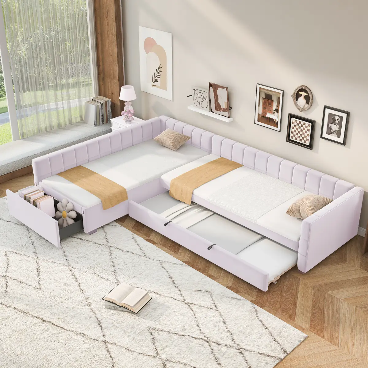 L-Shape Upholstered Twin Daybed with Trundle and Drawer, Convertible Corner Bed Frame with Storage, Space-Saving Double Twin Daybed for Guest Room, 3 Beds in One Design, Pink