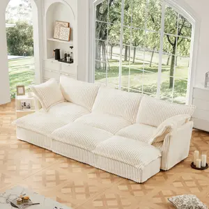 Aobtkel®Living Room Sofa Slipcovered Sofa 3 Seater Sofa With 3 Ottomans, Oversized 3-Seat Sleeper Sofa Bed Home Theater Sofa, Corduroy, Cream