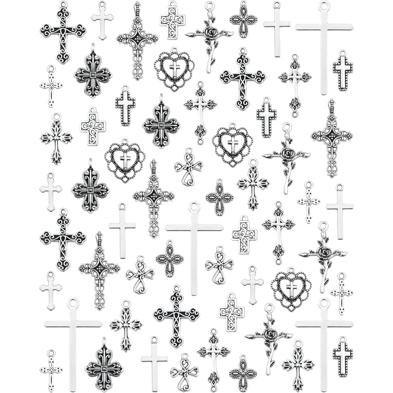 60 Pcs Antique Silver Cross Charms, Alloy Crucifix Pendant Connector for Bracelet Earrings Necklace Jewelry Making (15 Styles)