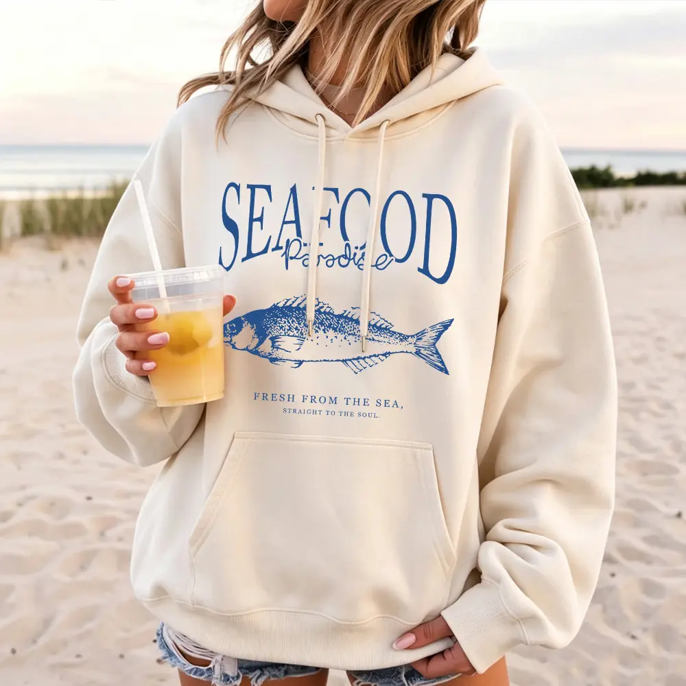Vintage Seafood Graphic Hoodie, Unisex Oversized Casual Pullover in a Heavyweight Cotton Blend Fabric for a Retro Coastal Style