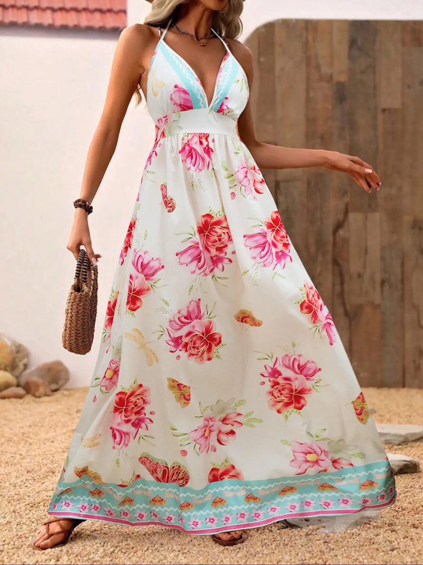 Summer Vacation Floral Dress, Fitted Casual Bohemian Style, Backless Strappy Beach Holiday Long Dress, Trendy Chic Boho Fashion Print Dress