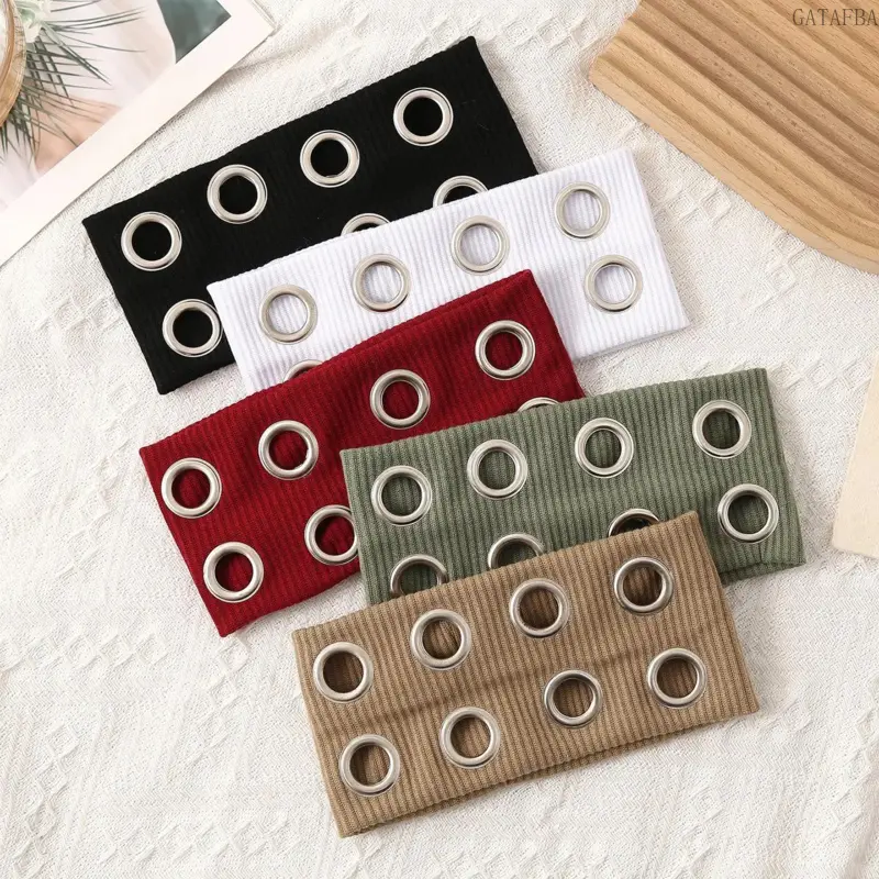 Wide Hollow Out Elastic Headband With Metal Eyelets, Stretch Punk Grunge Hairband, Retro Biker Stylish Edgy Daily Hair Accessory For Women,back to school,back to school haul