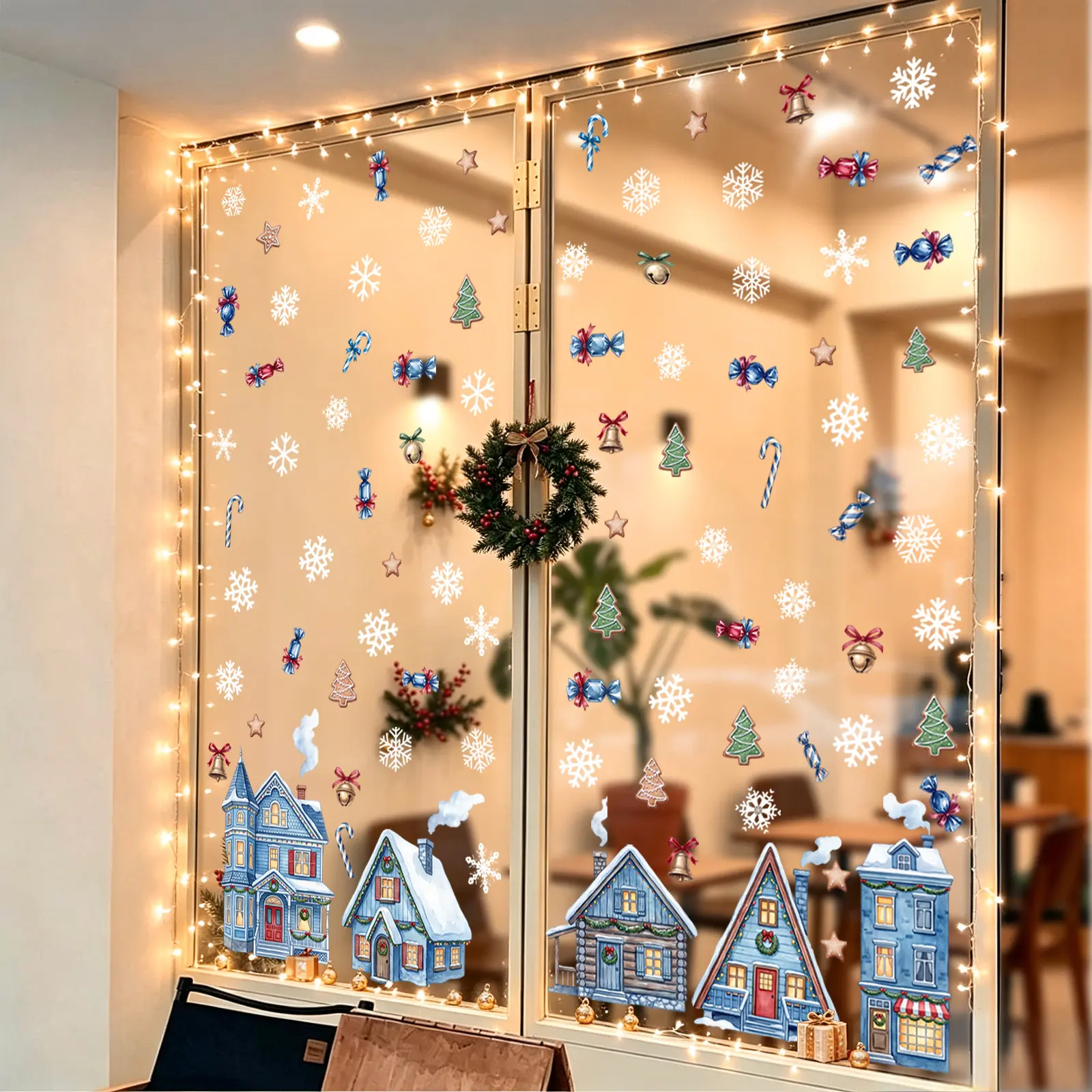 9Pcs Set (2030cm9pcs) Nordic Snow Cabin Christmas Static Window Clings, Snowflake & Candy Pattern, Glue-Free Removable Christmas Window Decals For Glass Decor