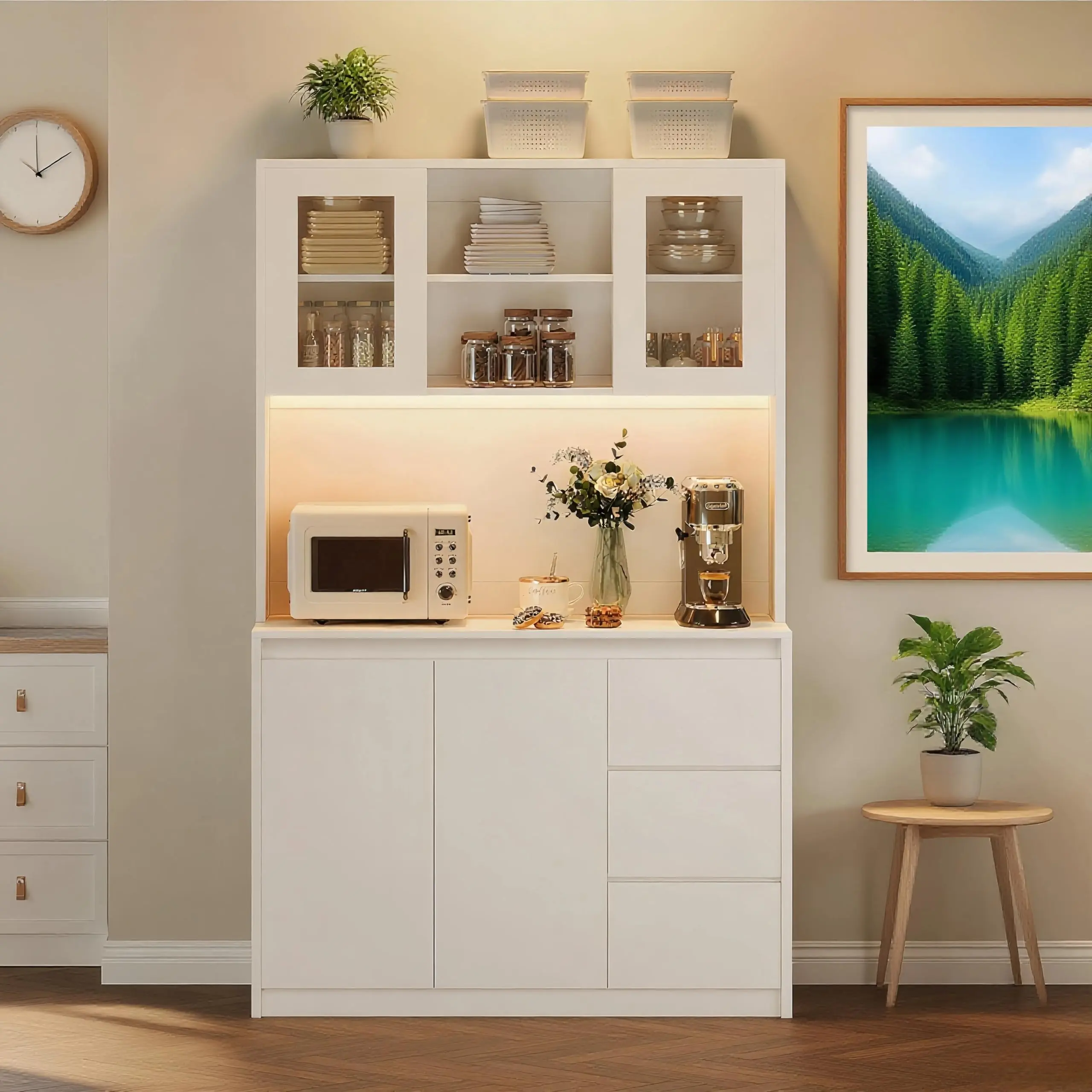 71" Kitchen Pantry Cabinet with Charging Station, Tall Storage Cabinet with Countertop and LED Lights, Pantry with Drawers and Glass Doors,  Adjustable Shelves, Handless Design