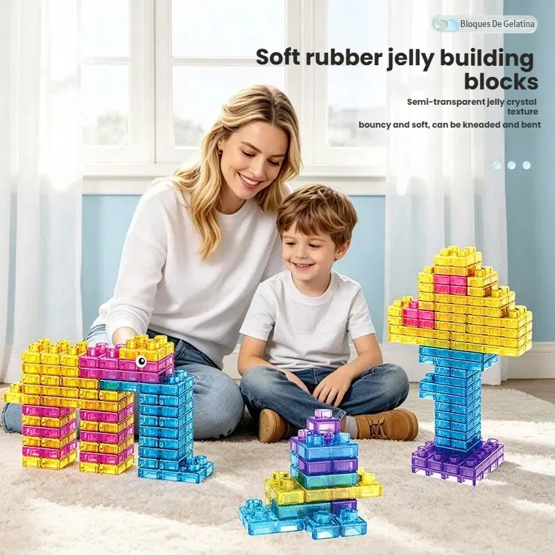 Jelly Block Set with 80pcs Soft Gel Blocks, Educational Toy for Kids, Squishy Stress Relief Squeeze Fun, Ideal for Development
