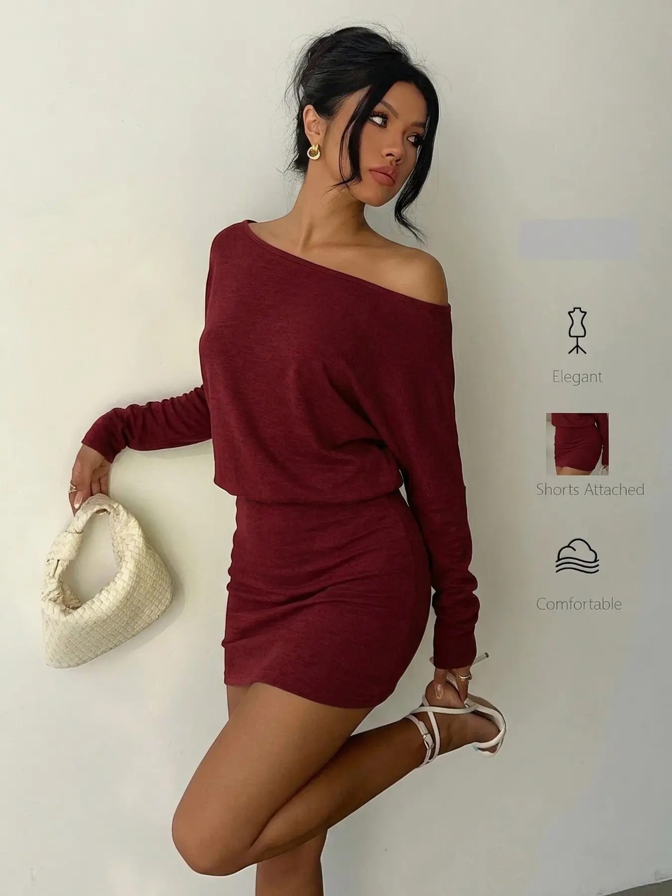 Women Burgundy Off The Shoulder Long Sleeve Mini Dress, Loose Batwing Top Ruched Bodycon Skirt Built In Shorts, Soft Knit Casual Wrap Short Dress, Elegant Off Shoulder Going Out Outfit, Y2K Coquette Aesthetic Streetwear, Trendy Nightclub Party Slim Fit Mi