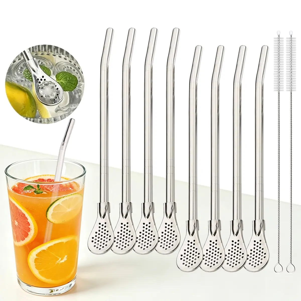 8 Stainless Steel Filter Straw Spoons with 2 Cleaning Brushes, Reusable Bent Drinking Straws, Food Grade Metal Straws, Beverage Utensil, Drinking Gadgets for Juice, Milk Tea, Coffee, Cocktail