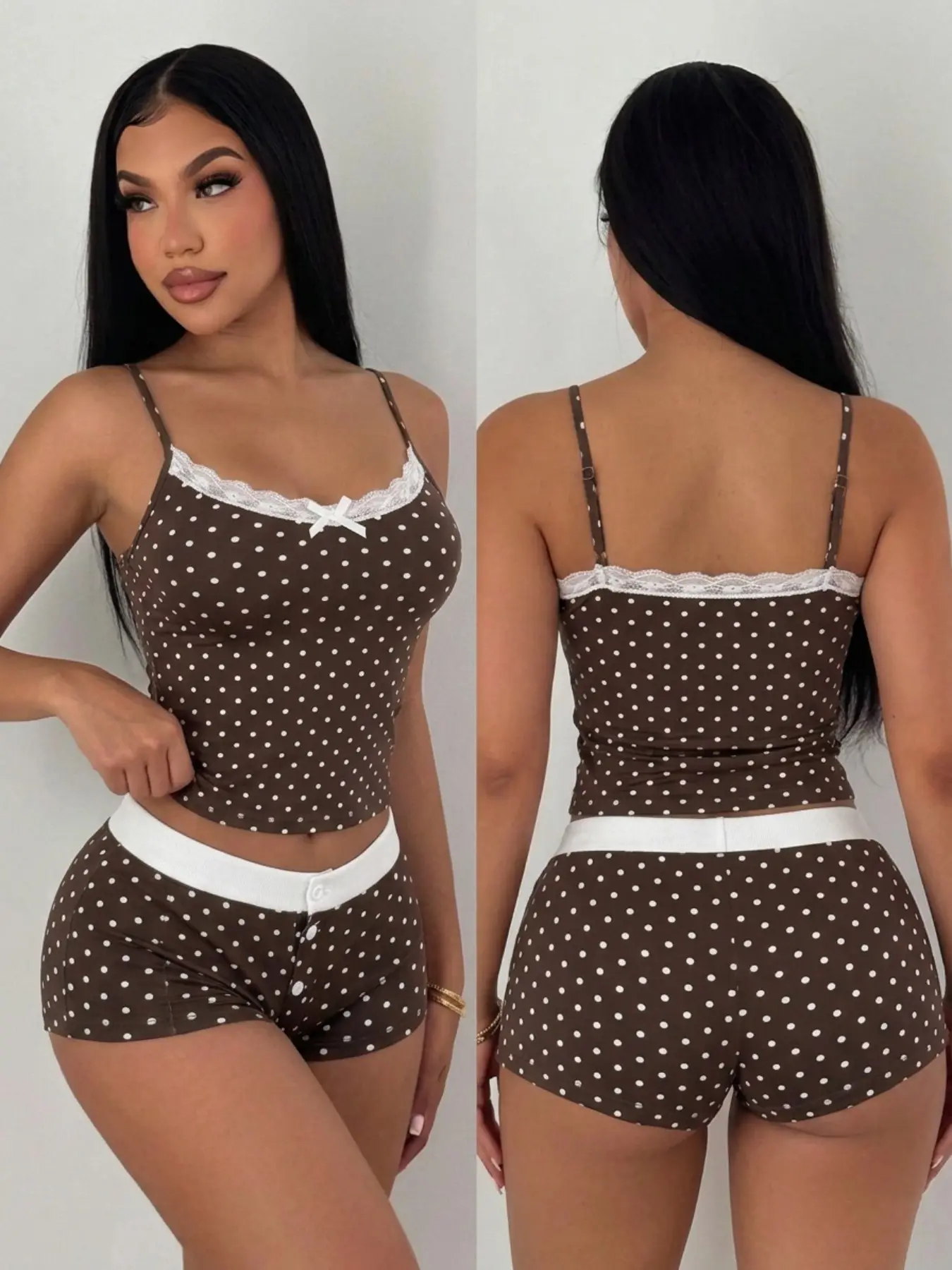 Women Brown Polka Dot Lace Trim Cami Shorts Set Bow Decor Two Piece Loungewear Sleepwear